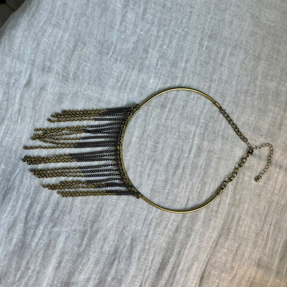 Rhinestone Fringe Choker Necklace Gold Tone Boho Festival Y2K Statement - Picture 7 of 10